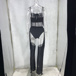 Women 2 Piece Sexy Club Outfits Set Festival Clothing Crop Top Hollow out Mesh Pants Set Party Tassel Two Piece Matching Sets