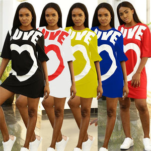 Casual Summer Dresses New Arrival Heart Print Half Sleeve Short Mini Dress O Neck Fashion Ladies Loose T Shirt Dress