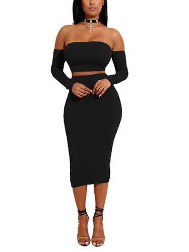 Explicitly Chosen Black Long Sleeve Midi Skirt Set