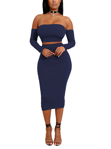 Eye Catch Royal Blue Back Cross Strap Top And Midi Skirt Set