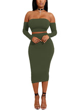 Load image into Gallery viewer, Army Green Full Sleeve Off Shoulder Midi Skirt Set Fashion Design