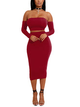 Load image into Gallery viewer, Comfy Wine Red Solid Color Top Off Shoulder Skirt Set