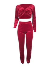 Load image into Gallery viewer, Wine Red V Neck Twisted Top High Waist Pants Set