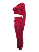 Load image into Gallery viewer, Wine Red V Neck Twisted Top High Waist Pants Set