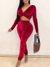 Load image into Gallery viewer, Wine Red V Neck Twisted Top High Waist Pants Set