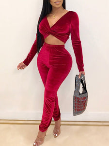 Wine Red V Neck Twisted Top High Waist Pants Set